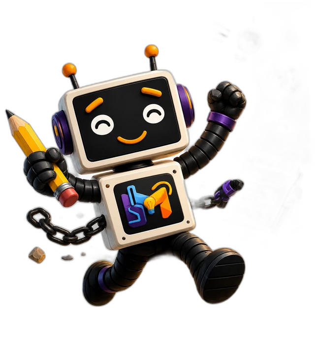 Mascote do MakeStudio correndo livre e feliz, com uma lâmpada de ideia