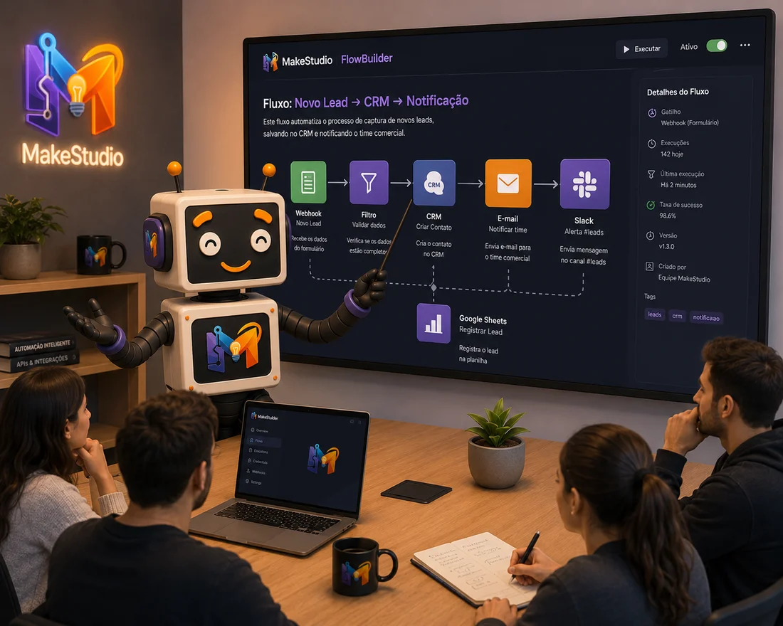 Mascote do MakeStudio apresentando um fluxo de automação