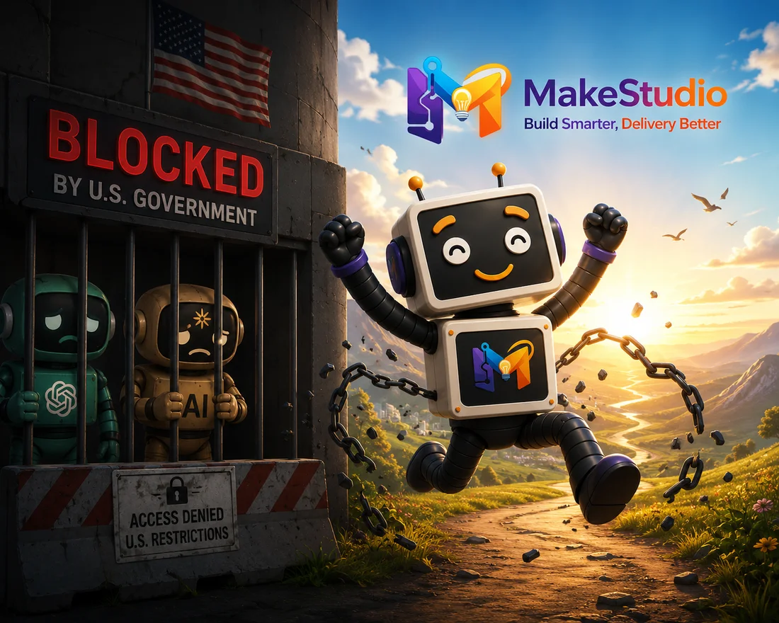 Mascote do MakeStudio quebrando correntes e correndo livre