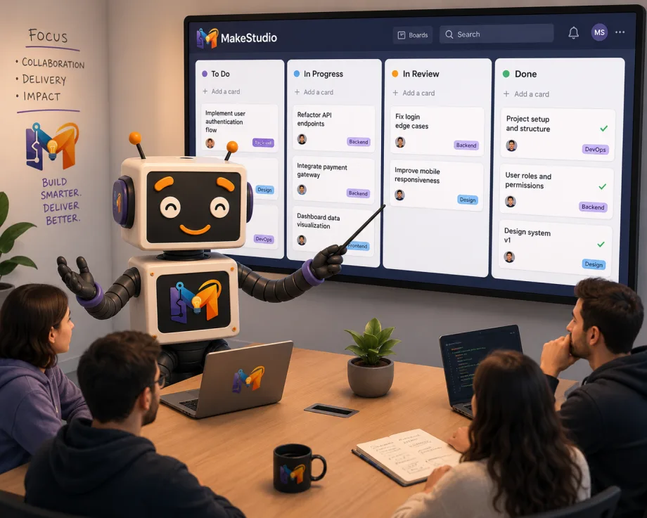 Mascote do MakeStudio apresentando um quadro Kanban